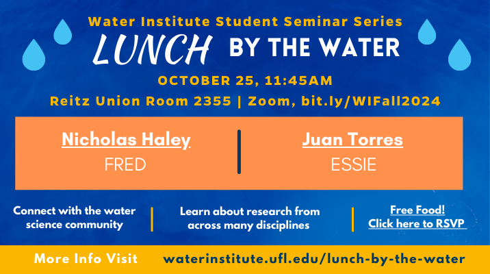 Water Institute Lunch by the Water Student Seminar on October 25, 11:45 a.m. with graduate students Nickolas Haley and Juan Torres.