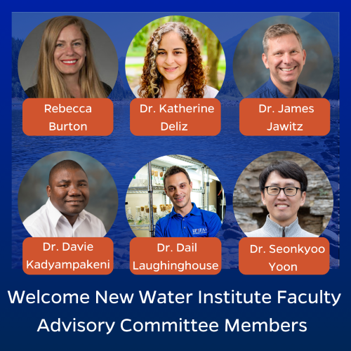 The Water Institute welcomes the newly elected members of the Faculty Advisory Committee: Rebecca Burton, Dr. Katherine Deliz, Dr. James Jawitz, Dr. Davie Kadyampakeni, Dr. Dail Laughinghouse, and Dr. Seonkyoo Yoon.