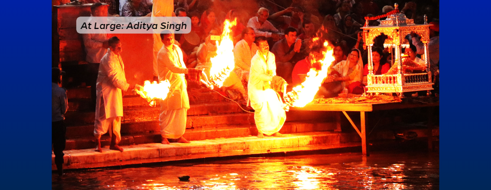 A crowd performs a ceremony at Haridwar in the Himalayan foothills.
