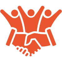 Icon three figures above shaking hands.