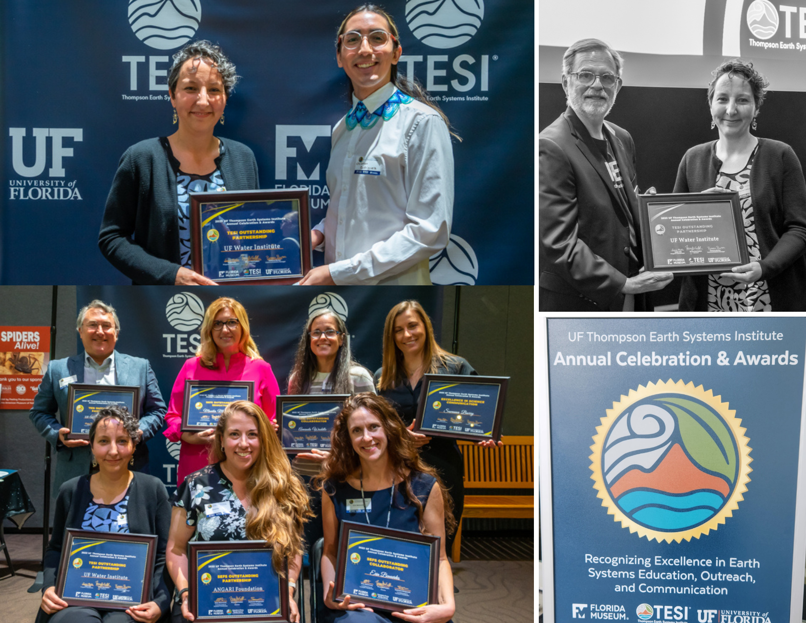 Collage of picture featuring other award winners, Water Institute staff with award, and event poster