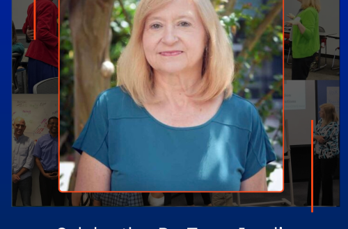 Dr. Tracy Irani headshot above photos of Dr. Irani working. Below is the caption 