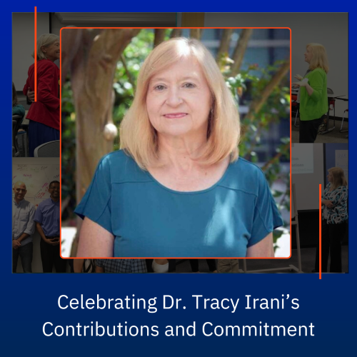 Dr. Tracy Irani headshot above photos of Dr. Irani working. Below is the caption 