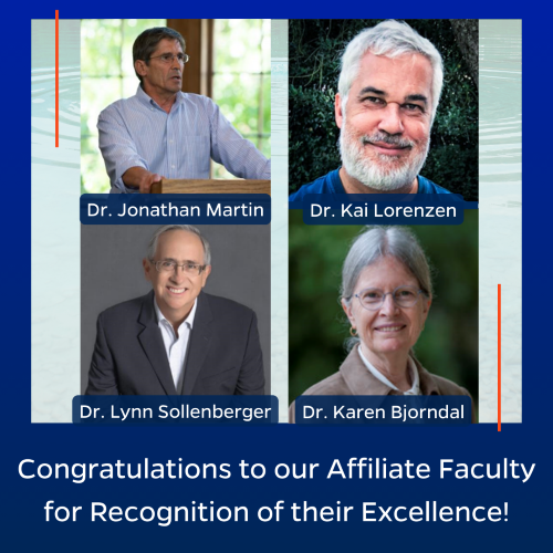 Congratulations to the Water Institute Affiliate Faculty for their recent awards! From left to right, top to bottom: Drs. Jonathan Martin, Kai Lorenzen, Lynn Sollenberger, and Karen Bjorndal.