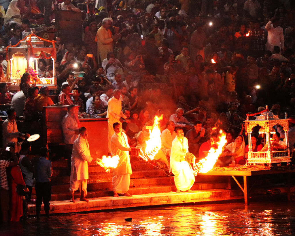 Crowds throng the 'Ganga Arati' (worship of the holy Ganges) performed daily at Haridwar in the Himalayan foothills.