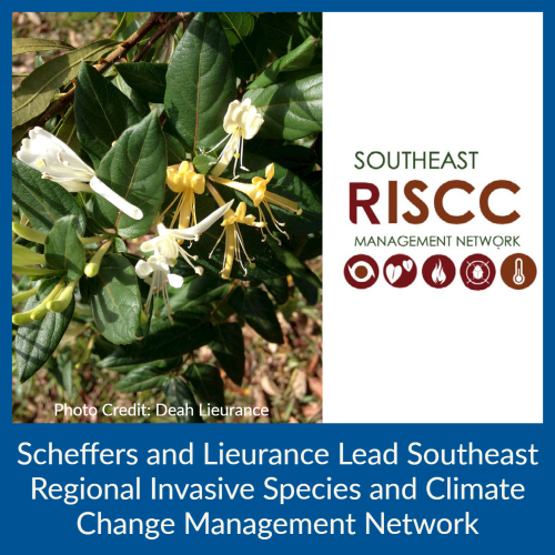 Scheffers and Lieurance Lead Southeast Regional Invasive Species and Climate Change Mangement Network. Photo of lonicera japonica (japanese honeysuckle) taken by Deah Lieurance, and to the right Southeast RISCC Mangement Network's logo.