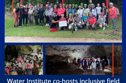Title: Water Institute co-hosts inclusive field trip during National Diversity in STEM Conference. Photos include participants in Las Cabachuelas Caves.