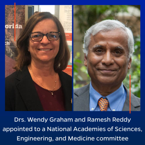 Headshots of Drs. Wendy Graham and Ramesh Reddy. Drs. Wendy Graham and Ramesh Reddy appointed to a National Academies of Sciences, Engineering, and Medicine committee