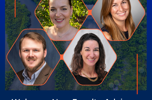 Headshots of the four elected Faculty Advisory Committee members with a text message welcoming them for the spring semester.