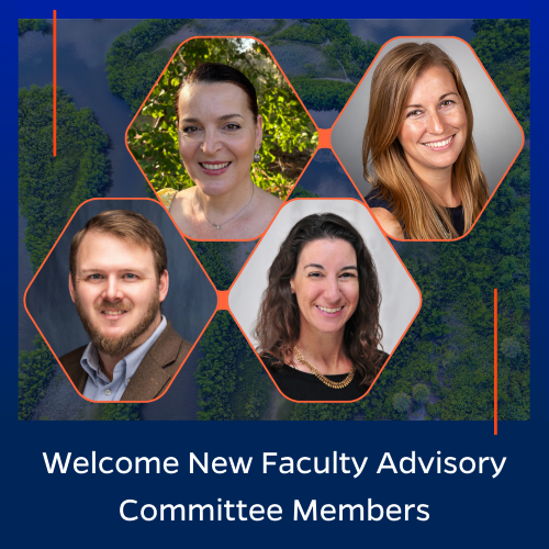 Headshots of the four elected Faculty Advisory Committee members with a text message welcoming them for the spring semester.