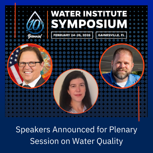 Headshot of three speakers witht the Water Institute symposium logo and a caption 