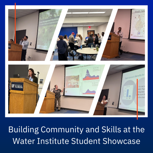 Images of students presenting and speakers of a workshop above title text, 