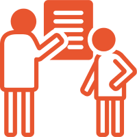 Icon of two people in front of a poster on the wall.